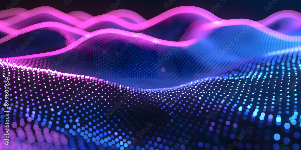 Aufkleber abstract background in the form of many dots and particles. waves of dots in purple blue neon colors