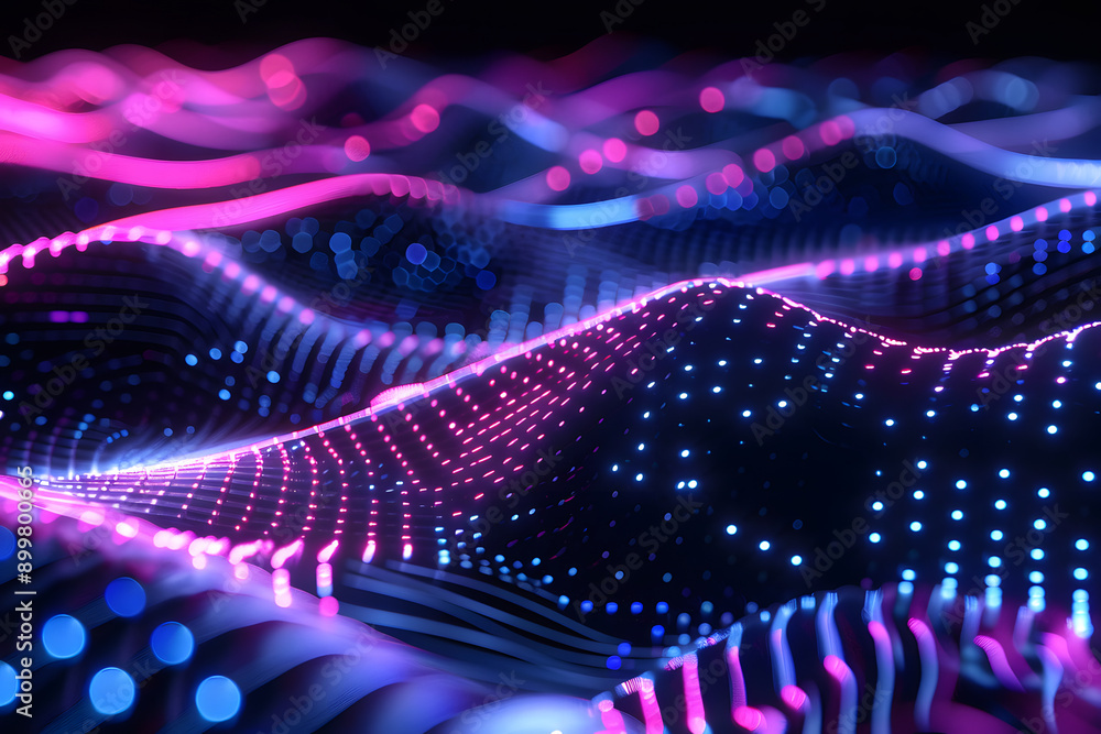 Poster abstract background in the form of many dots and particles. waves of dots in purple blue neon colors