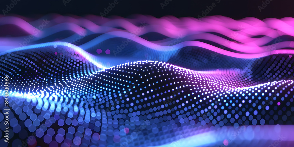 Poster abstract background in the form of many dots and particles. waves of dots in purple blue neon colors