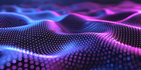 abstract background in the form of many dots and particles. waves of dots in purple blue neon colors