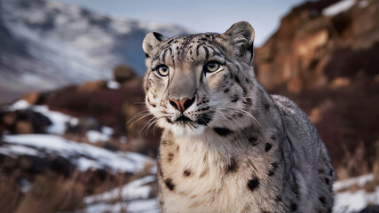 Naklejka premium Close-up of a snow leopard in its natural habitat, against a backdrop of snow-covered mountains, captured with a wide-angle lens. Wildlife photography.