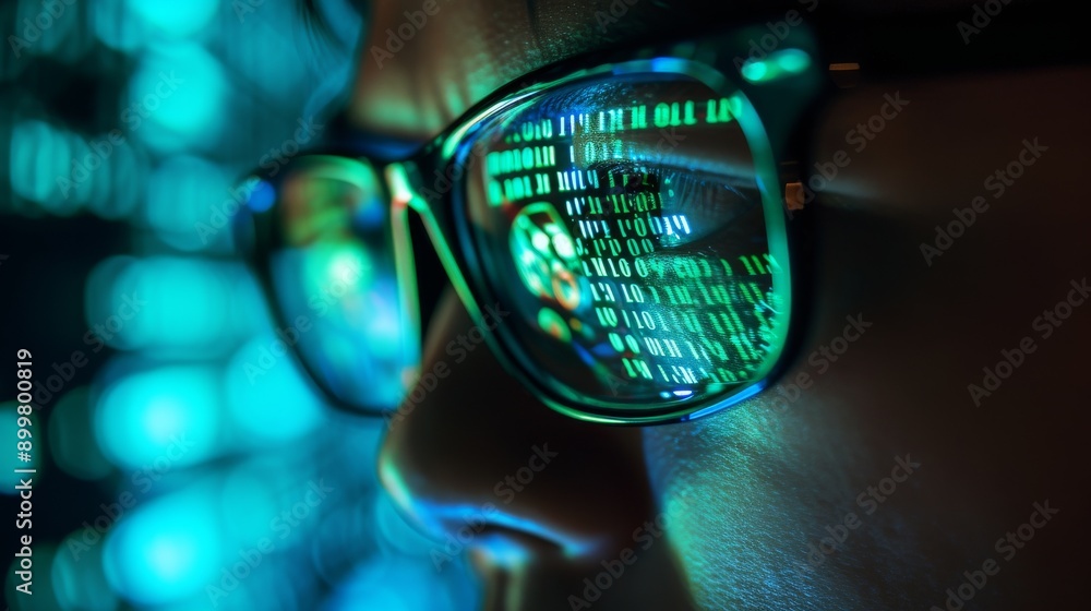 Poster a close-up shot of a man wearing glasses, reflecting binary code on the lenses. the image conveys a 
