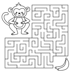 Animal line maze game for kids. Cute monkey looking for a way to the banana. Printable worksheet with solution for school and preschool. Vector cartoon illustration.