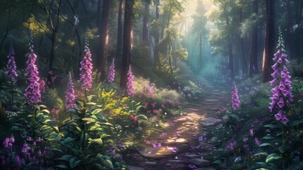 Obraz premium Enchanting Forest Path with Purple Flowers