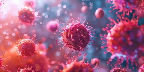 3D red virus molecules with detailed surface texture, showing microscopic view of pathogens, infectious agents, and biological risks in scientific and healthcare concept. AI generated illustration