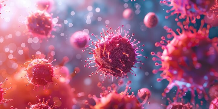 3D red virus molecules with detailed surface texture, showing microscopic view of pathogens, infectious agents, and biological risks in scientific and healthcare concept. AI generated illustration