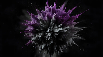 violet charcoal powder dust paint white explosion explode burst isolated splatter abstract. Powder charcoal background black smoke particles explosive carbon pattern coal makeup dark splash bomb piece