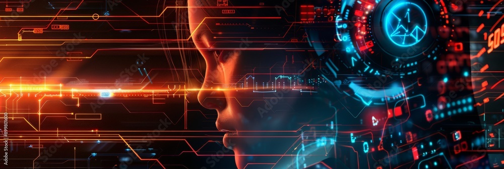 Aufkleber Humanoid robot with glowing blue and red circuitry in profile view. Depicts advanced technology and the future of robotics and AI.