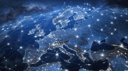 The map displays Europe illuminated at night, highlighting major cities and a network of connections across the continent