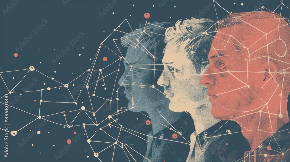 Poster this abstract image portrays three human profiles interconnected by a network of nodes and lines, sy