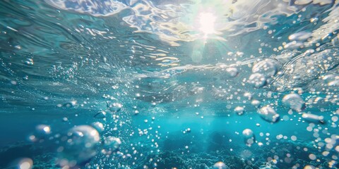 Air bubbles and sun rays under water. Ai generation.