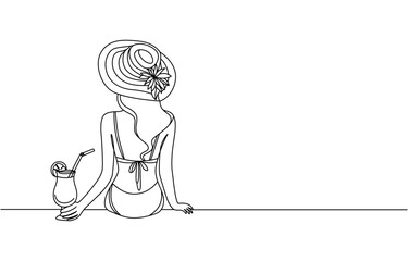 Young woman with a cocktail on the beach sitting.Line art vector illustration.Continuous line drawing of a girl in a hat under palm trees back view.Summer vacation.Summertime concept, Pro vector.