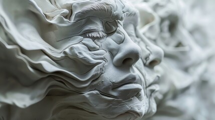 An intricate abstract sculpture depicts a serene human face with flowing, layered textures resembling waves. The monochromatic palette emphasizes the delicate and surreal craftsmanship, creating a