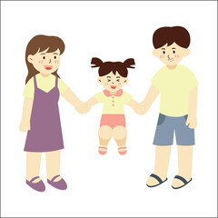 illustration of a girl swinging in her parents' arms