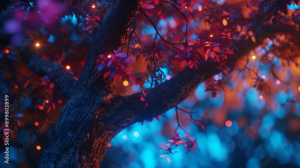 Poster captivating close-up of a tree with branches adorned with colorful lights against a dusk backdrop. t