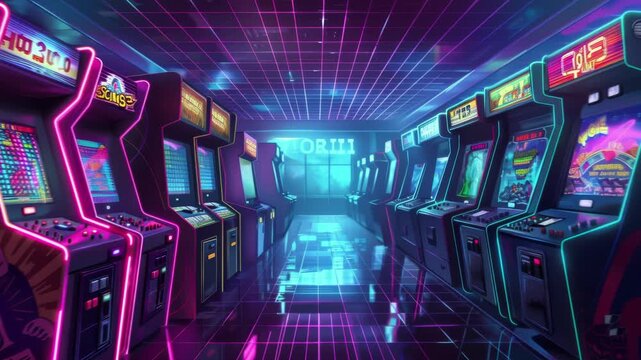 Retro arcade in a neon city with a grid-like sky and futuristic architecture. Seamless Loop Animation