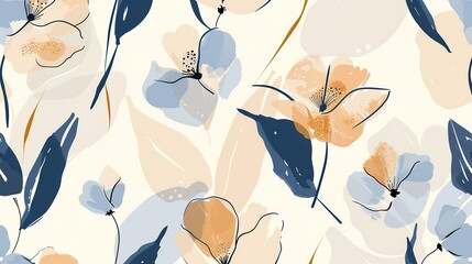 Cute hand drawn abstract flowers print. Modern cartoon style pattern. Fashionable template for design. Vintage blue and beige floral seamless pattern on white background