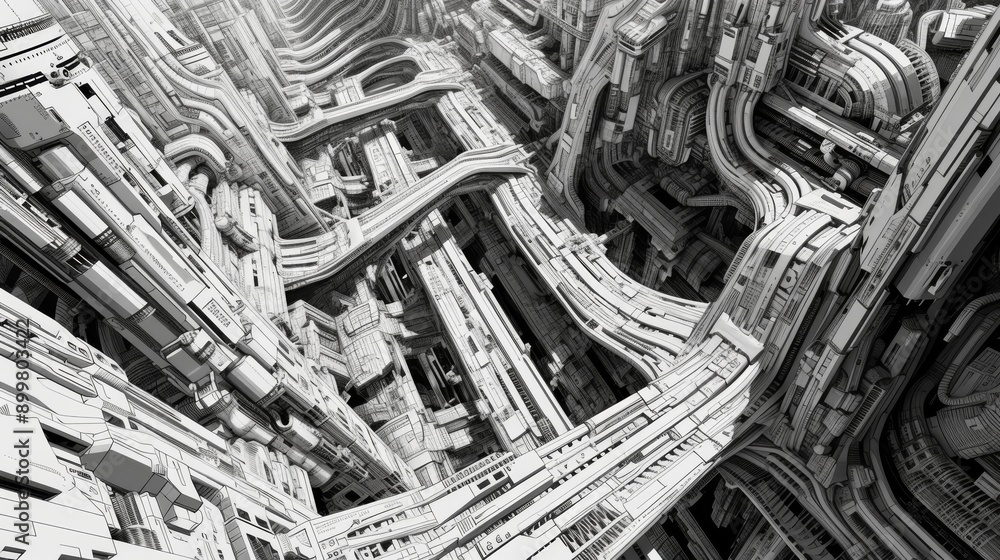 Poster an intricate black and white digital illustration depicting a complex maze-like structure. the detai