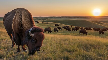 herd of bison grazing on a vast prairie at sunset