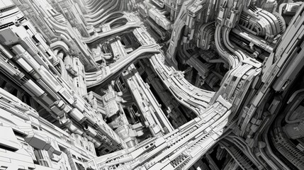 Fototapeta premium An intricate black and white digital illustration depicting a complex maze-like structure. The detailed design and monochrome palette create a visually striking image, ideal for abstract art