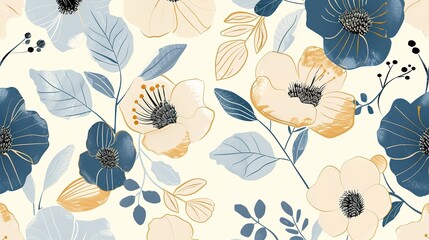 Cute hand drawn abstract flowers print. Modern cartoon style pattern. Fashionable template for design. Vintage blue and beige floral seamless pattern on white background