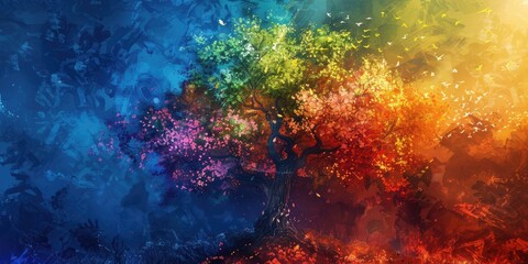 Fototapeta premium Colorful rainbow tree. Ai generation.