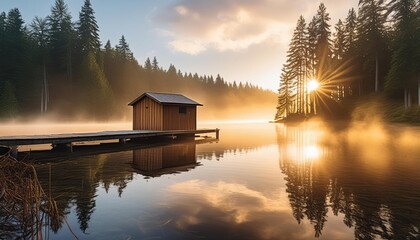 Fototapeta premium A wooden cabin sits on a dock in a still lake surrounded by trees at sunrise