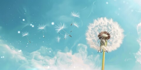 Obraz premium Dandelion with flying seeds, space. Ai generation.