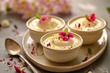 Creamy Dessert with Flower Garnish in Bowls