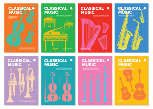 Music festival poster template with various instruments or classical music concert. Vector flyer for music event