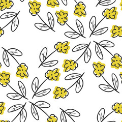 Seamless vector pattern with doodle flowers and leaves on white background