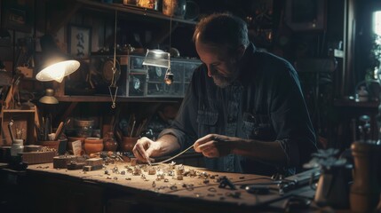 A skilled goldsmith crafting a delicate necklace with meticulous attention to detail in a cozy workshop