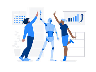 Android robot, a woman and a man high-fiving on of the office background