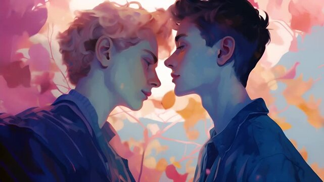 Two attractive teenage gay couple seconds before their first romantic kiss on a date