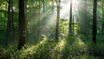 Obraz premium 生命力溢れる木立と清々しい木漏れ日1