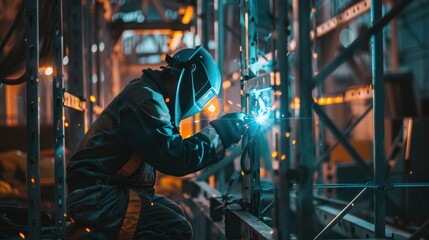 Fototapeta premium A man in a yellow helmet is working on a piece of metal