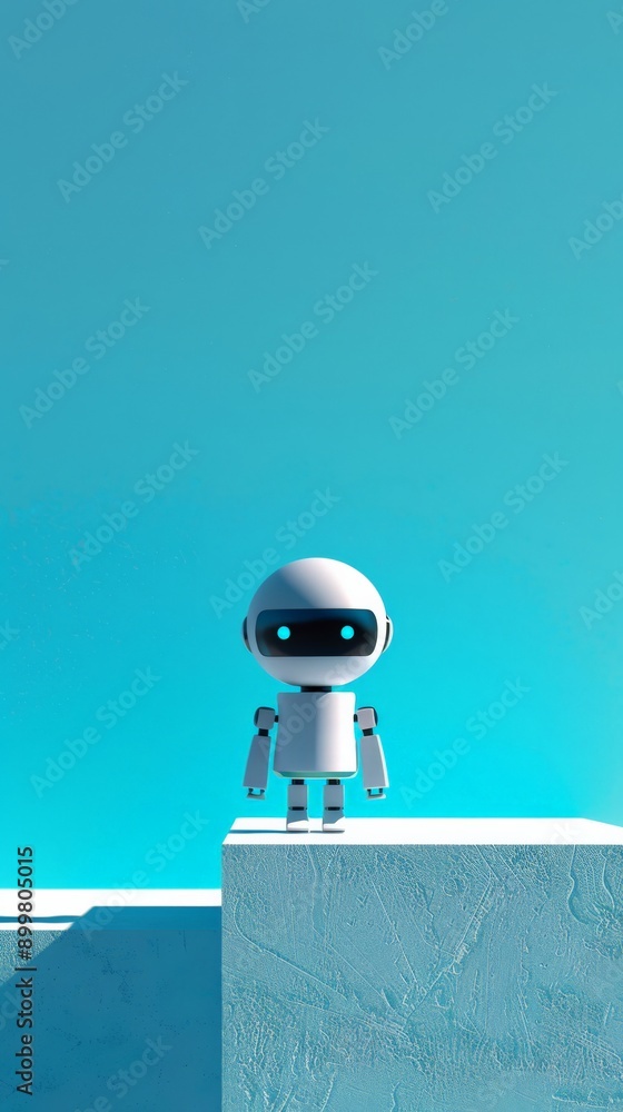 Aufkleber Minimalist design of a cute small robot standing on a white platform against a clear blue background. Represents simplicity and futuristic technology.