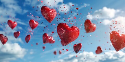 Balloons in the sky. Balloons in the shape of red and white hearts fly in the sky. AI generation