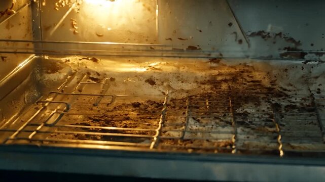  Grime and grease from the interior surface of a neglected oven, striving for cleanliness and restoration