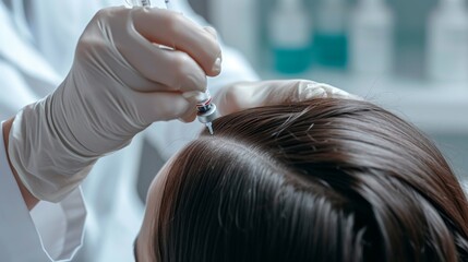 Fototapeta premium A medical professional is seen performing an injection into a patient's scalp, with a focus on the hands and the injection site. The image emphasizes the care and precision involved in medical