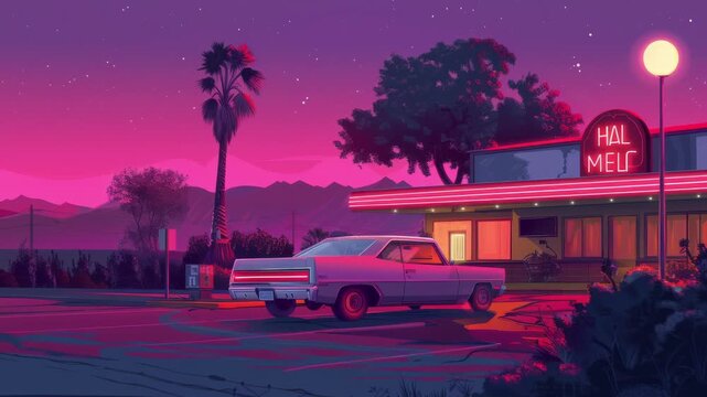 Retro synthwave motel with neon signs and a classic car parked in front. Seamless Loop Animation