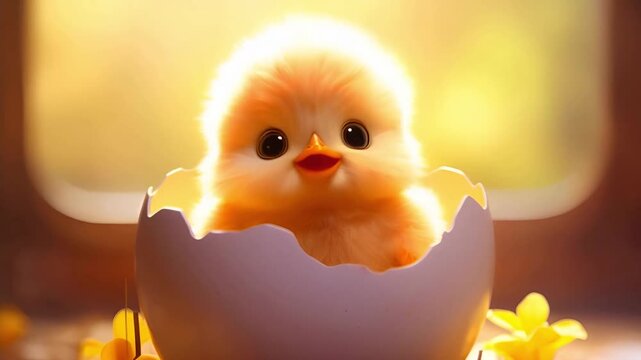 A little yellow chick hatched from an egg and looks around curiously at its surroundings