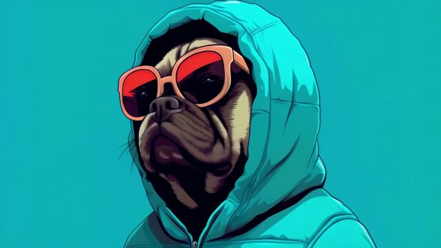 Cute funny pug puppy with glasses and a hood