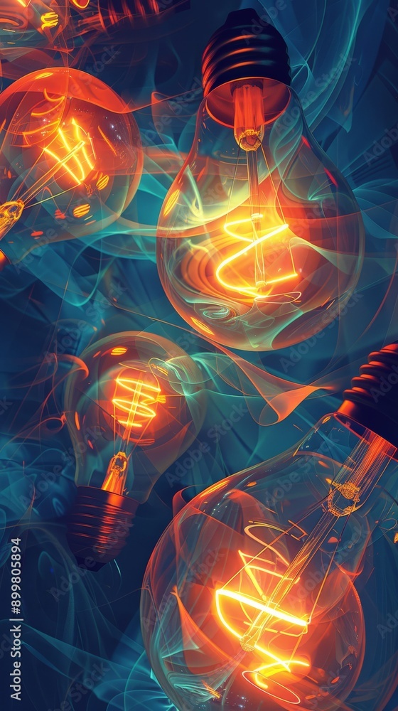 Poster multiple glowing light bulbs with swirling patterns, representing the flow of ideas and creativity. 