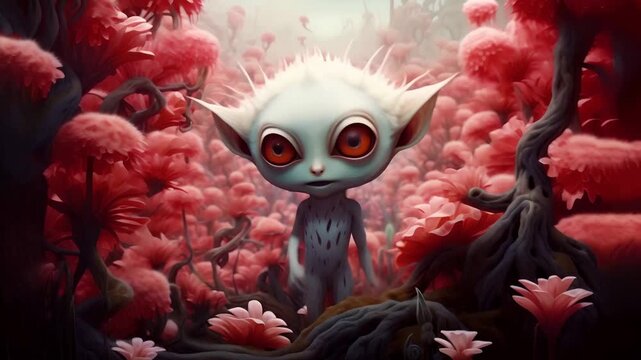 A small scared alien with big eyes stands in a fairytale forest