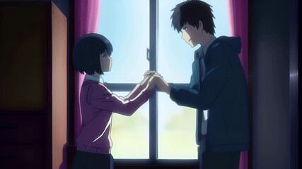 A cute teenage couple in a Japanese anime style enjoys a romantic date. The animation is colorful and captures the sweet moments of young love