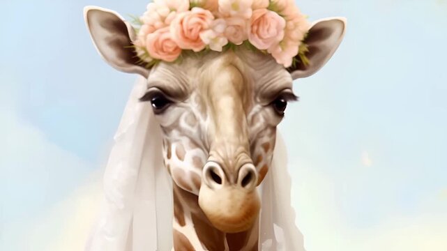Beautiful bride giraffe with a flower wreath and veil on her head