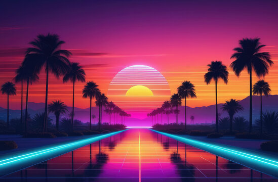 3D virtual reality sunset with 1980s retro vibes. 80s nostalgic landscape in vintage style