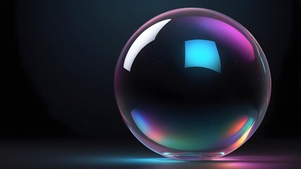 3d render transparent sphere glass bubble with holographic effect on dark background.
