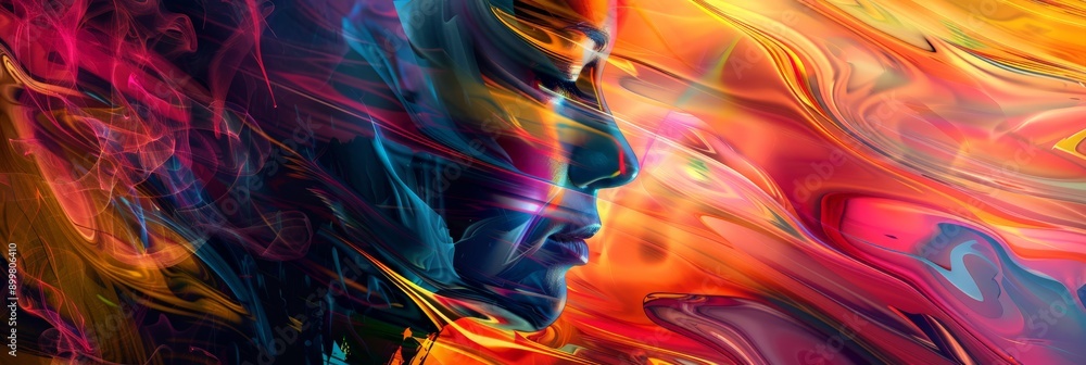 Poster Colorful abstract face with flowing digital patterns, illustrating the merging of human and AI elements. Great for technology and creativity topics.